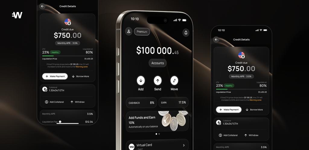 Wirex One app — Credit Details with $750 credit due, main account with $100,000.45 balance, collateral and earn features